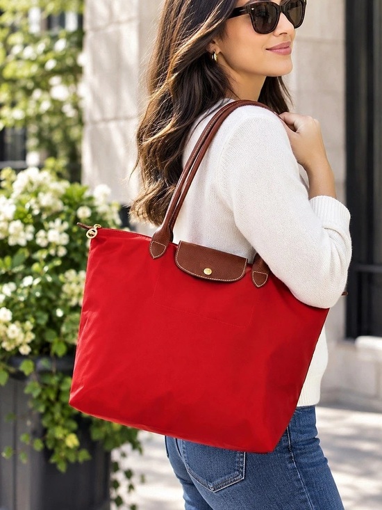 Longchamp Handbags - Longchamp Red Tote Bag – Brown Leather Trim – Spacious Everyday Bag